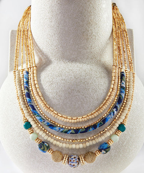 Ivory Blue and Gold Beaded Necklace