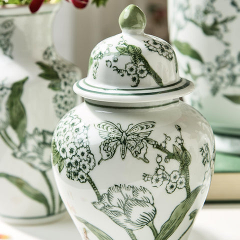 Primrose and Lotus Green and White Chinoiseire Jar with Lid
