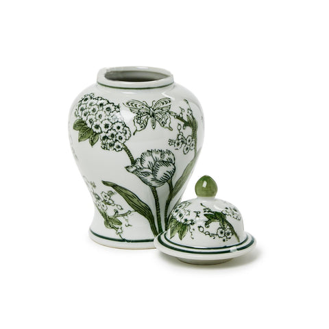 Primrose and Lotus Green and White Chinoiseire Jar with Lid