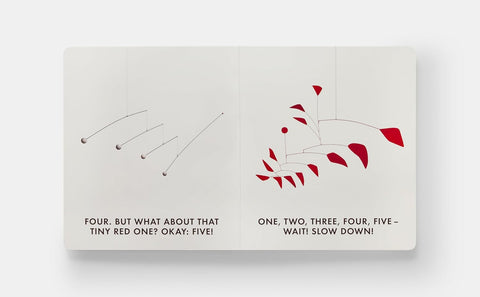 Children's book with red illustrations and text on a white background