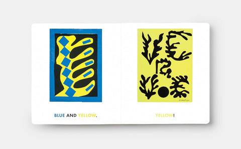 Two abstract art prints, one blue and yellow, the other yellow with black patterns, on a white background.