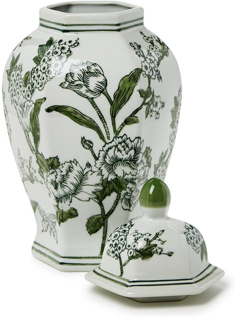 Primrose and Lotus Green and White Chinoiserie Hexagonal Temple Jar with Lid
