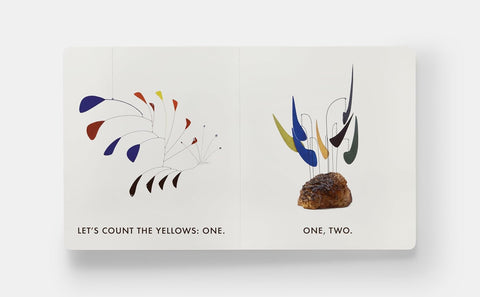 Children's book with abstract illustrations and text on a white background