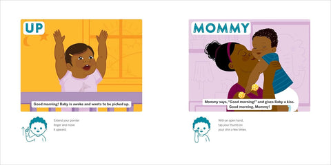 Illustrated book pages showing a child waking up and being picked up by a parent.
