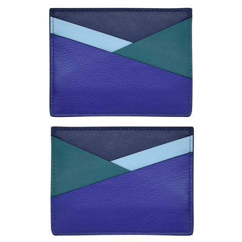 A multicolored asymmetric card case made of leather, displayed from two angles showing the front and back.