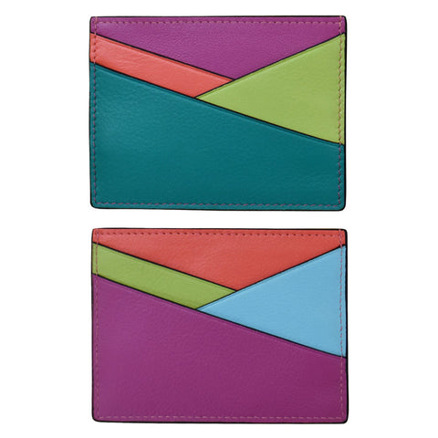 A multicolored asymmetric card case made of leather, displayed from two angles showing the front and back.