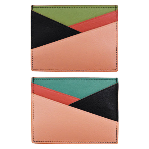 A multicolored asymmetric card case made of leather, displayed from two angles showing the front and back.