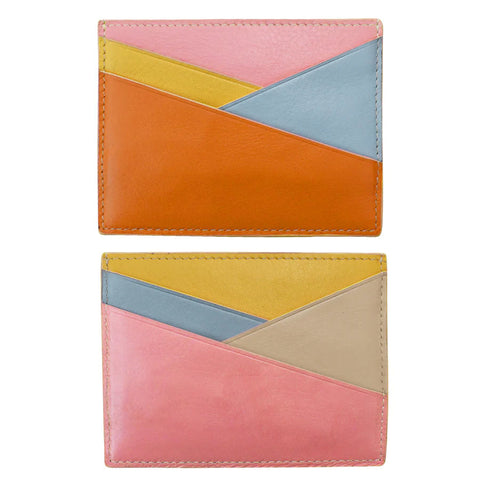 A multicolored asymmetric card case made of leather, displayed from two angles showing the front and back.