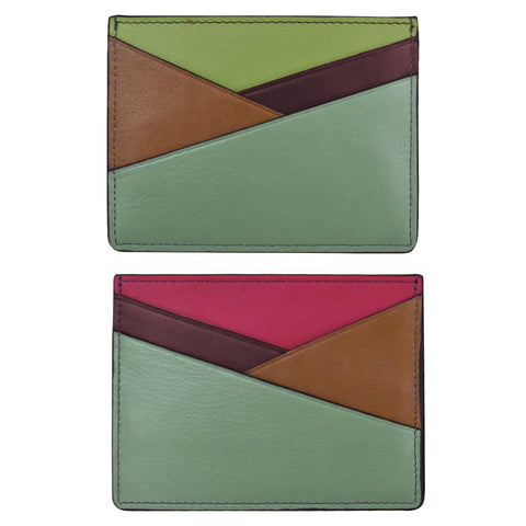 A multicolored asymmetric card case made of leather, displayed from two angles showing the front and back.