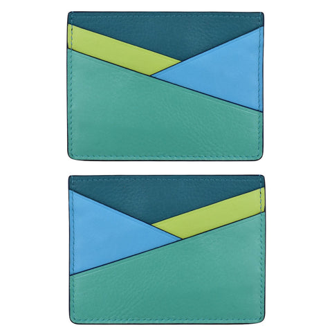 A multicolored asymmetric card case made of leather, displayed from two angles showing the front and back.