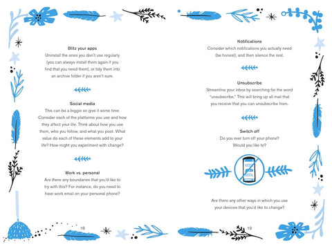 Brochure with blue and black floral designs on a white background