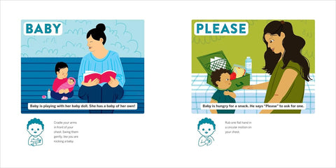 Illustrations of a woman with a baby and a child, with text and icons on a white background.
