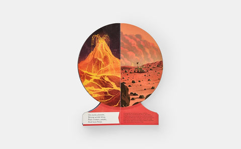 Two halves of a spherical object showing volcanic activity on one side and a desert landscape with a rover on the other, on a white background.