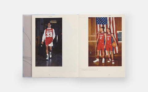 Open book showing two photos of people in red sports uniforms with numbers on a white background.