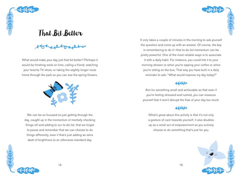 Book pages with text and blue character illustrations on a white background