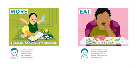 Illustrated book pages showing a child with a bottle and a child eating at a table.