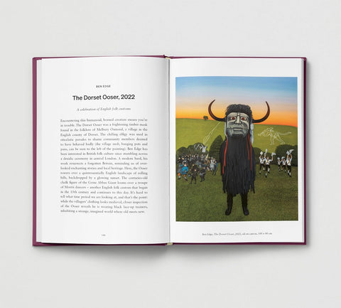 Open book showing a page with text and an illustration of a figure with horns in a field.