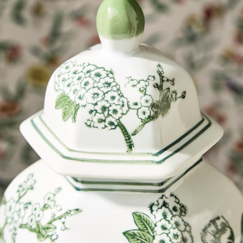 Primrose and Lotus Green and White Chinoiserie Hexagonal Temple Jar with Lid