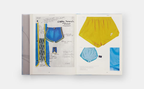 Design sketches of shorts in blue and yellow on a white background