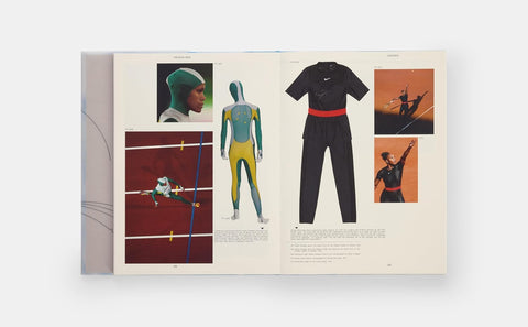 Book open to a page with illustrations of athletic wear and athletes on a white background