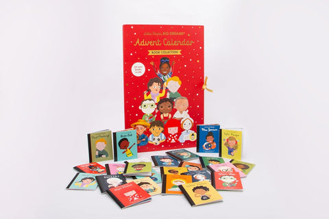 Children's book advent calendar with small books on a white background