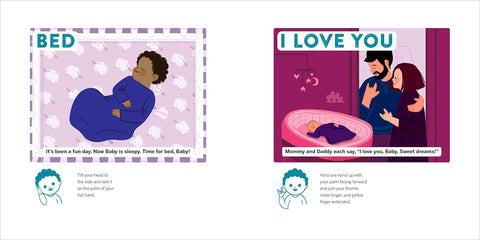 Illustrated book pages showing a baby sleeping and parents saying 'I love you'.