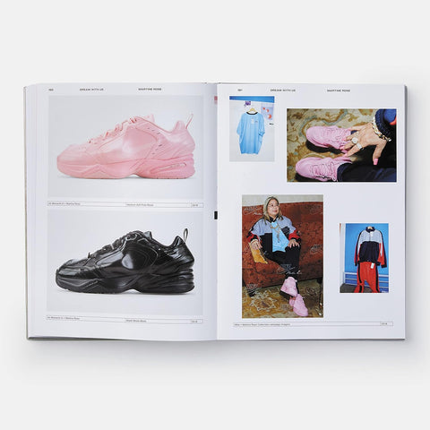 Open book showing images of pink and black shoes with people wearing them.