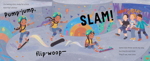 Children's book page with colorful illustrations of children skateboarding and text.