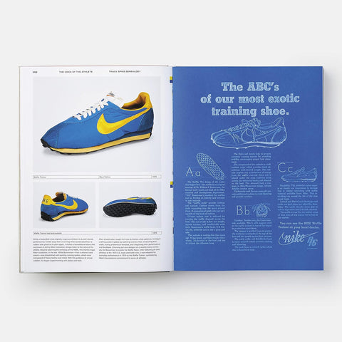 Open book showing a blue and yellow running shoe with text and illustrations on a white background