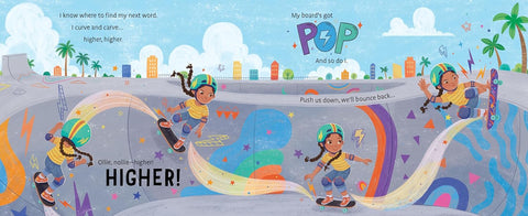 Illustrated children's book page with characters on a skate park