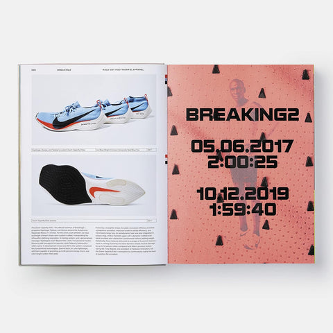 Product catalog page with running shoes and event details on a white background