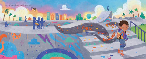 Colorful illustration of a skateboard park with children and skateboards, set against a cityscape with palm trees.