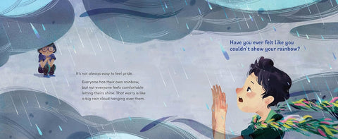 Illustration of a child looking up at a rainbow with text about feeling like one's own rainbow.