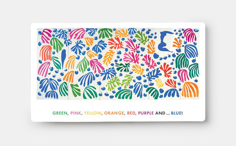 Color swatch card with colorful abstract patterns on a white background
