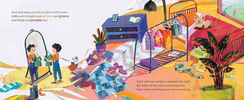 Colorful illustration of a room with children playing and furniture.