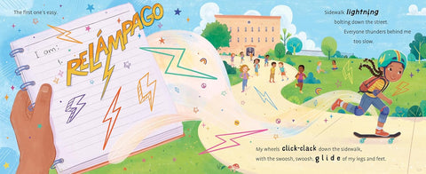 Illustrated book page with children playing in a park and colorful text.