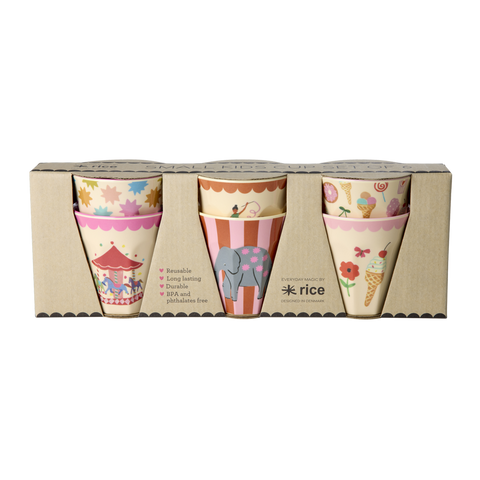 Set of six patterned cups in a cardboard box with 'rice' branding.