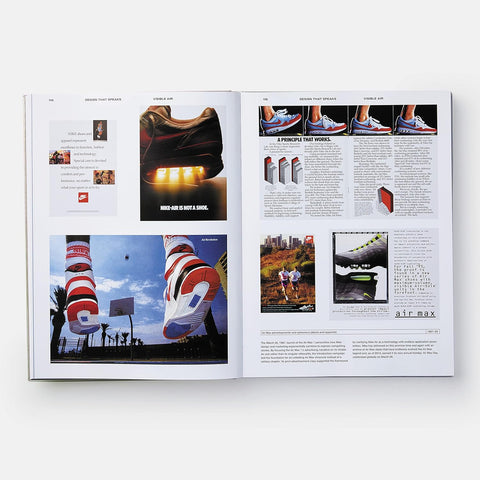 Open book with images and text about sneakers on a white background