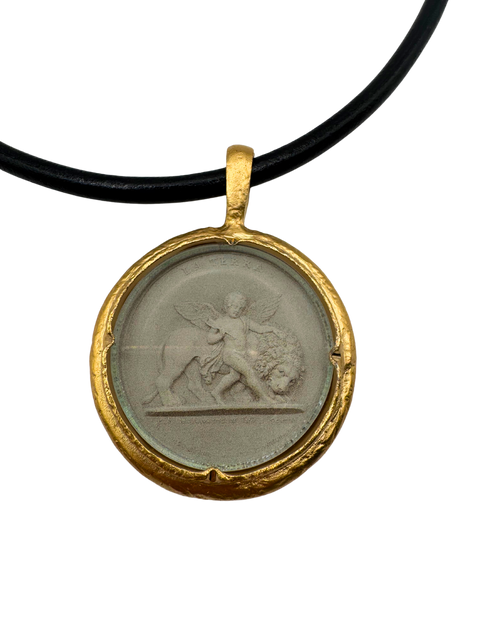 Cupid on Lion Black Leather Necklace
