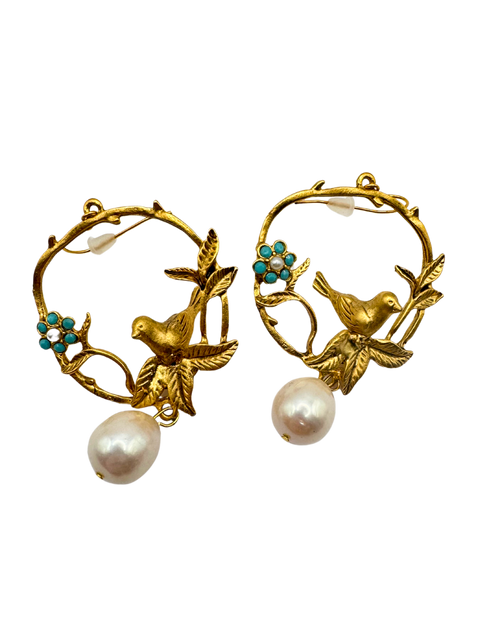 Bird Hoop Earrings with Turquoise and Pearl Accents