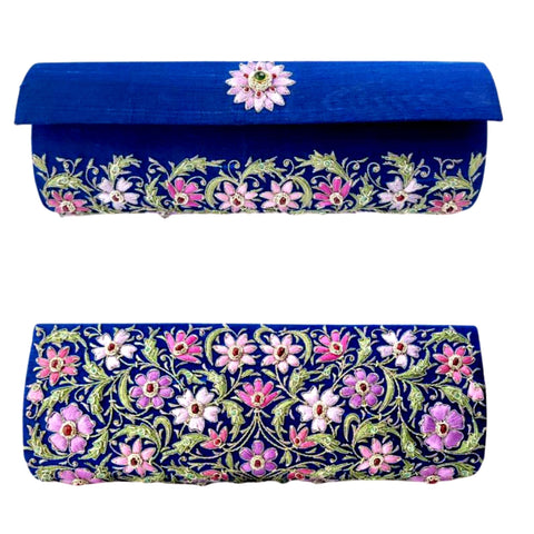 Marine Blue Silk Dupioni Clutch with lavender accent and emerald