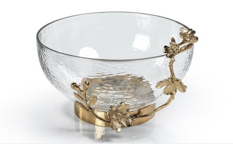 Hammered Glass Bowl with Floral Trim-Large
