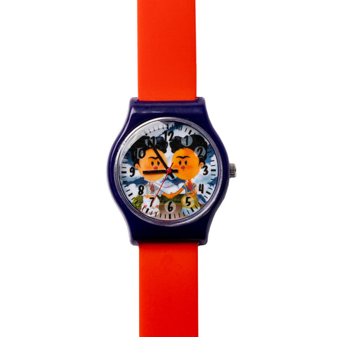 A children's watch with a red band and a purple case, featuring a playful cartoon character on the watch face.