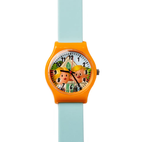 A children's watch with a mint band and a orange case, featuring a playful cartoon character on the watch face.