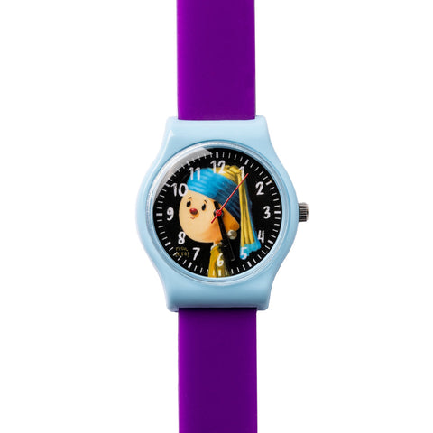 A children's watch with a purple band and a blue case, featuring a playful cartoon character on the watch face.