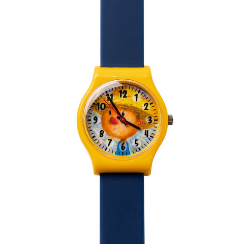 A children's watch with a blue band and a yellow case, featuring a playful cartoon character on the watch face.