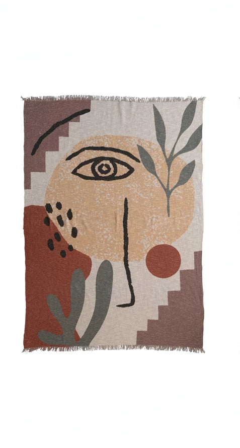 Cotton Printed Throw with Abstract Face Design
