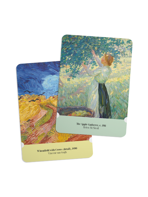 Two artistic cards featuring 'The Apple Gatherer' by Berthe Morisot and 'Wheatfield with Crows' by Vincent van Gogh on a white background.