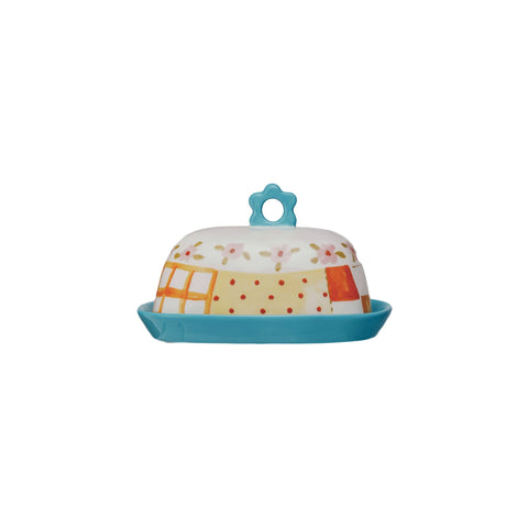 Hand Painted Butter Dish with Flower Shaped Handle
