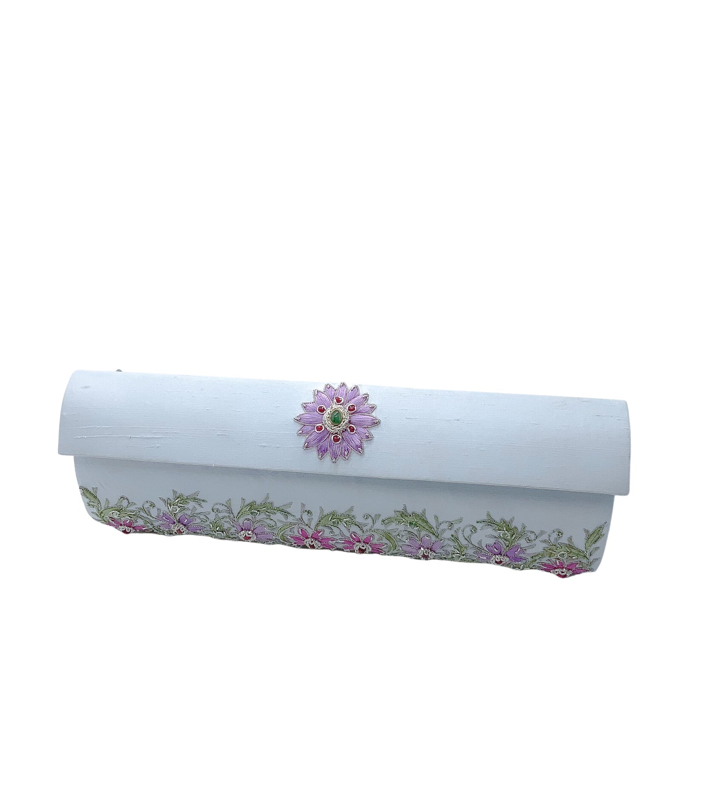 Silk Dupioni Clutch in Blue Gray w/emerald